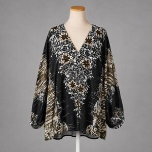 Free People Floral Bird Button Oversized Peasant Top‎ Size L Festival Boho Indie